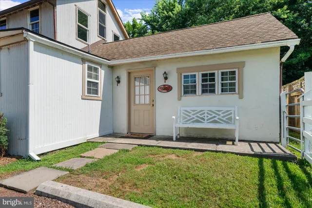 a backyard of a house with table and chairs