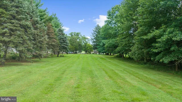 aerial view of a house with a big yard and large trees