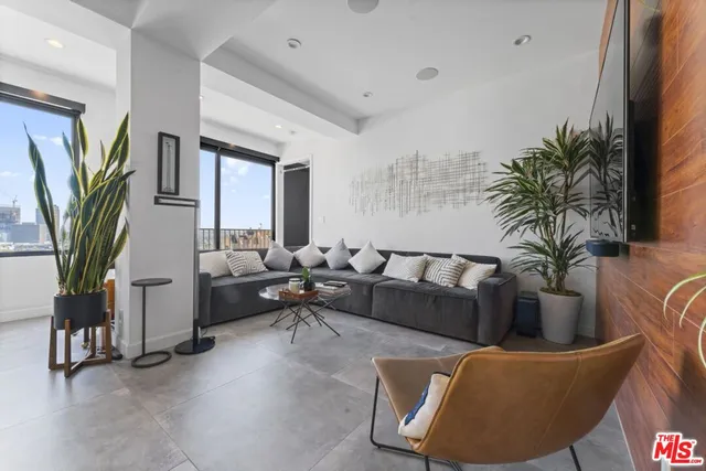 a living room with furniture potted plant and a large window