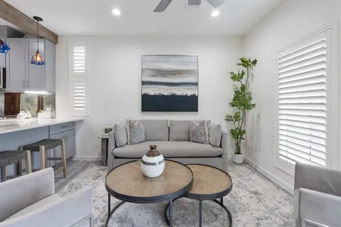 a living room with furniture and a potted plant