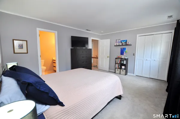 a bedroom with a bed and a closet
