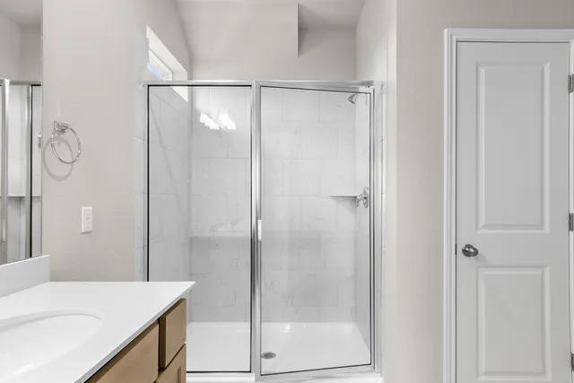 a bathroom with a shower and a sink
