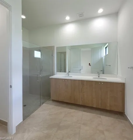 a bathroom with a sink a large mirror and a shower