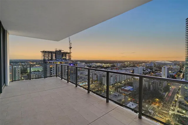 a city view with tall buildings