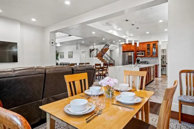 a view of a dining room with furniture