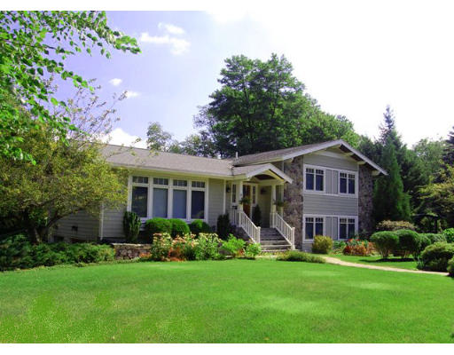 a front view of a house with a yard and green space