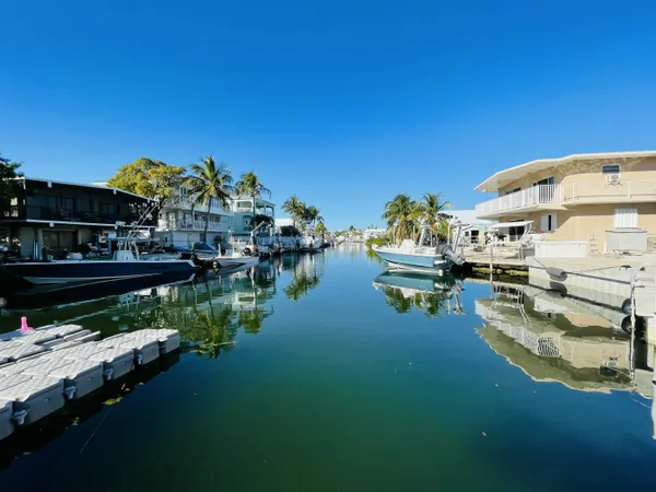 a view of lake with boats and trees in the background