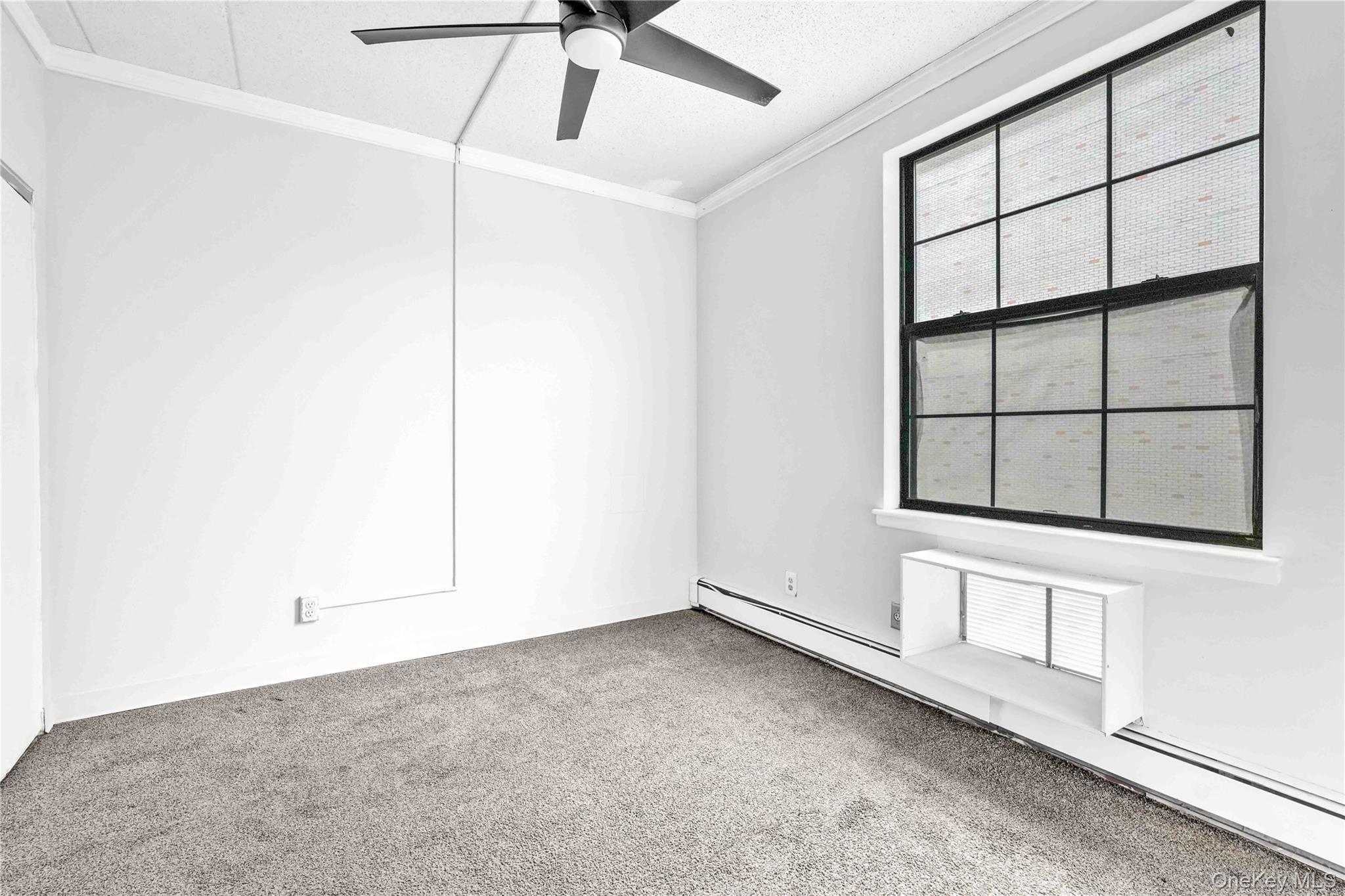 758 Brook Avenue, Unit 56C Bronx, NY 10455 - Photo 11 of 16 Carpeted spare room with a baseboard radiator, crown molding, and a ceiling fan