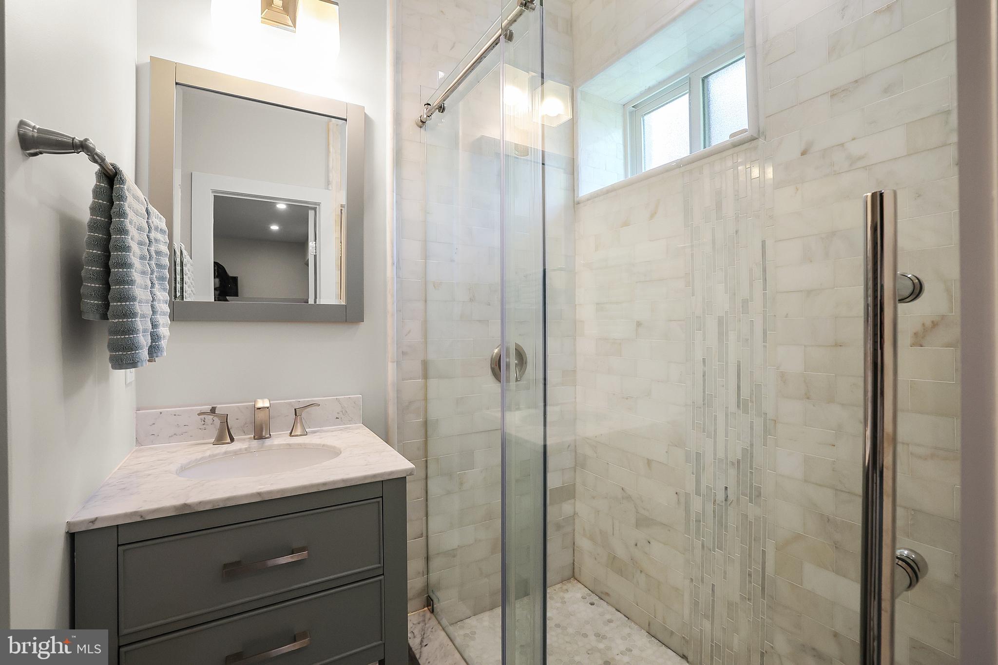 1225 Gallatin Street Northeast Washington, DC 20017 - Photo 22 of 28 a bathroom with a shower sink and mirror