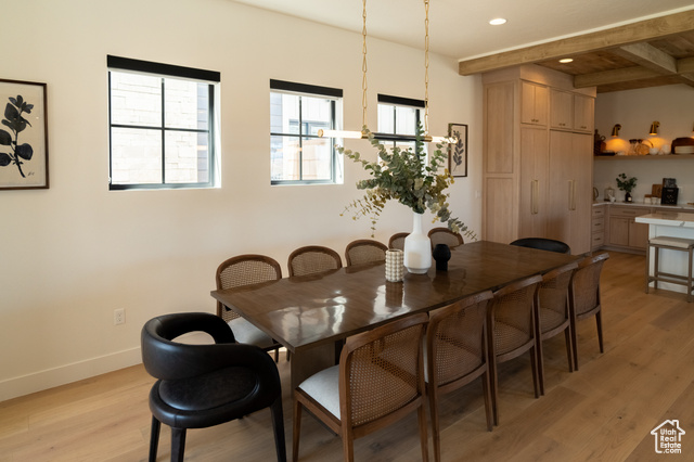 5366 Cyan Lane St. George, UT 84790 - Photo 5 of 39 Dining room featuring beam ceiling, light wood-style floors, and recessed lighting
