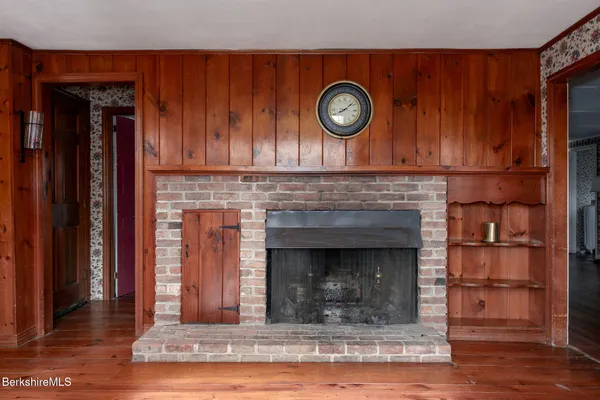 a living room with a fireplace