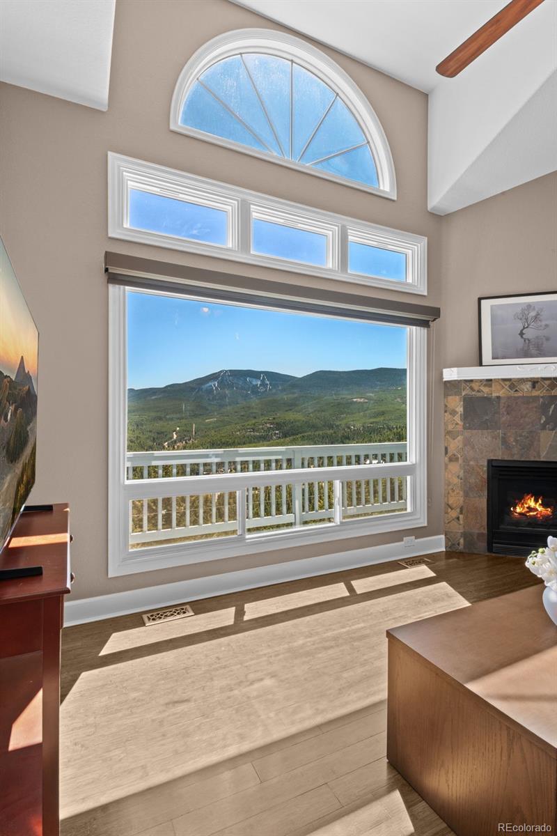 33633 Elk Run Evergreen, CO 80439 - Photo 6 of 39 a living room with a floor to ceiling window and a fireplace