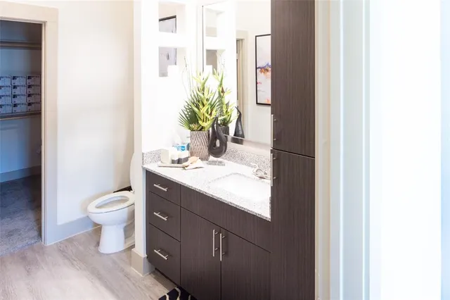a bathroom with a granite countertop sink toilet and a mirror