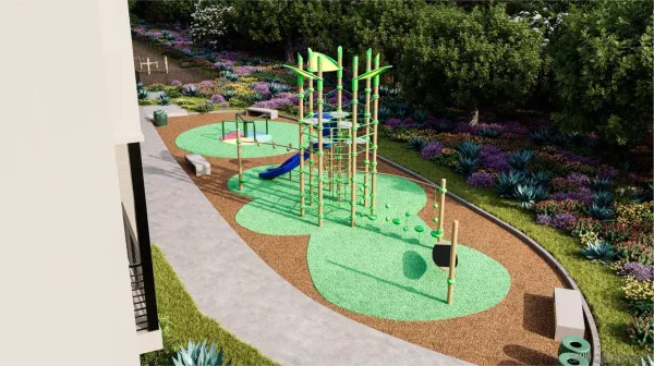 an aerial view of a backyard