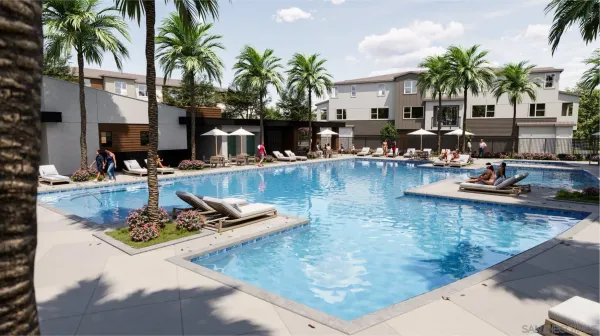 a view of a swimming pool and lounge chair