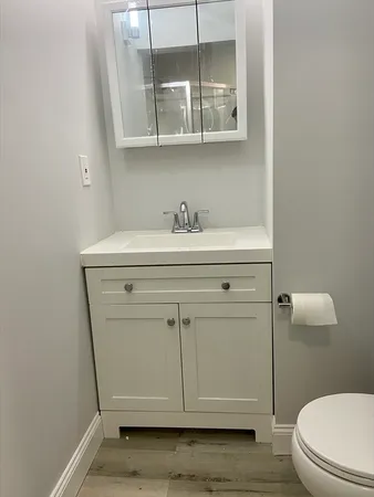 a bathroom with a sink a toilet and a mirror