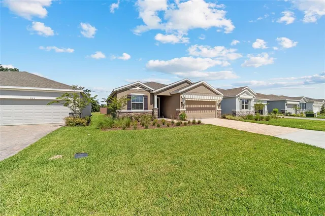 a front view of house with yard and green space
