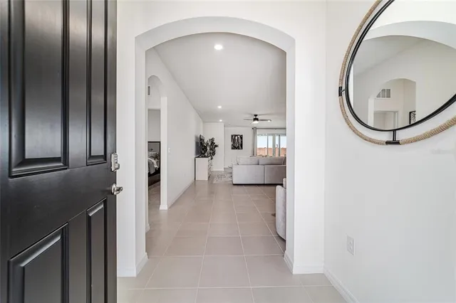 a view of a livingroom from a hallway