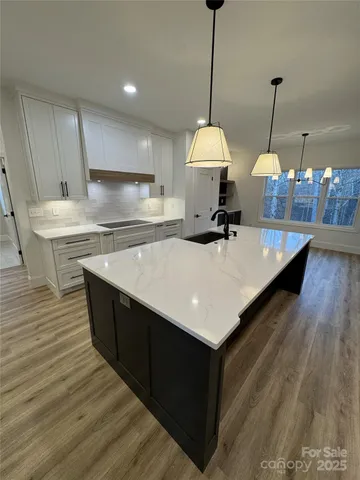 a kitchen with kitchen island a oven a counter space and cabinets