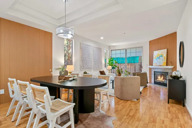 a view of a dining room with furniture