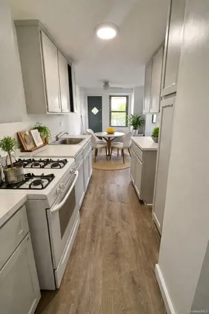 a kitchen with a stove a sink and a refrigerator