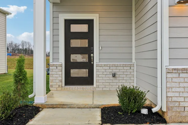 a house with a potted plant in front of door