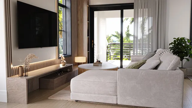 a living room with furniture and a large window