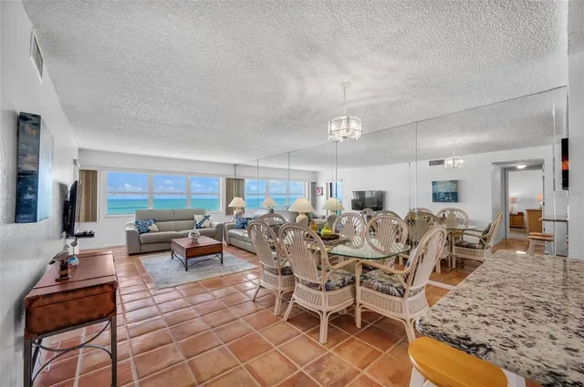 a view of a dining room with furniture