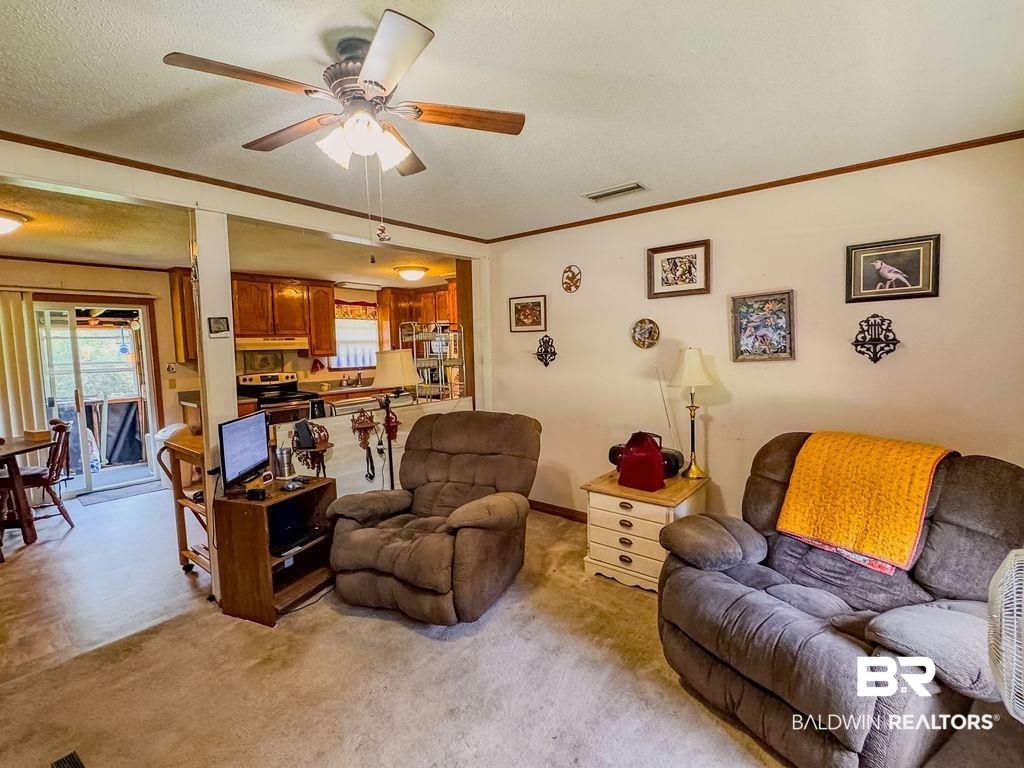 1456 Allen Walker Road Grove Hill, AL 36451 - Photo 9 of 28 Living room with a textured ceiling, crown molding, light carpet, and ceiling fan