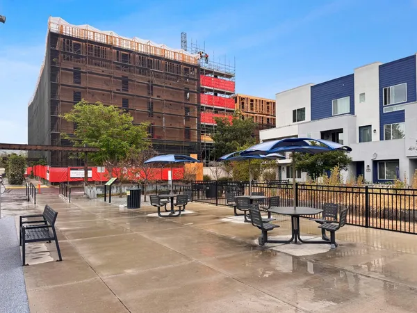 an outdoor space with seating
