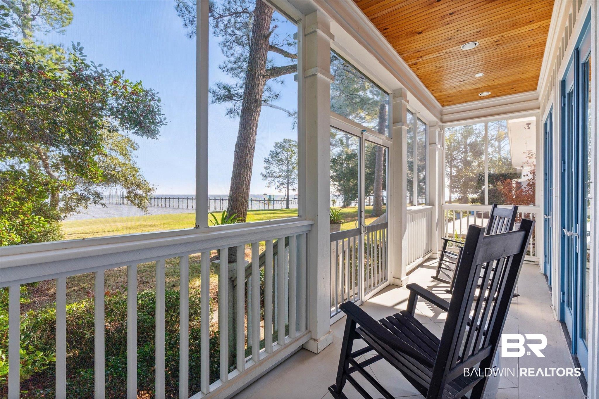 7015 Bay Road Mobile, AL 36605 - Photo 20 of 53 Sunroom with a water view, wood ceiling, crown molding, and recessed lighting