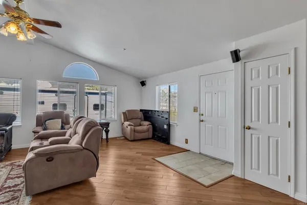 a view of a garage with storage