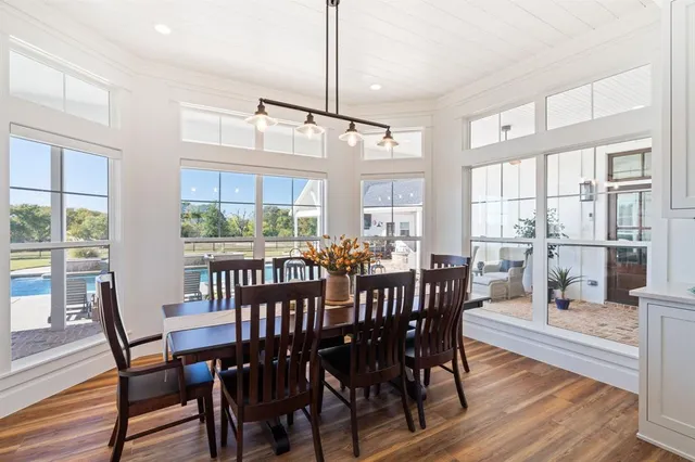 a view of a dining room with furniture window and wooden floor