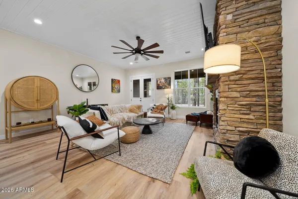 a view of a dining room with furniture