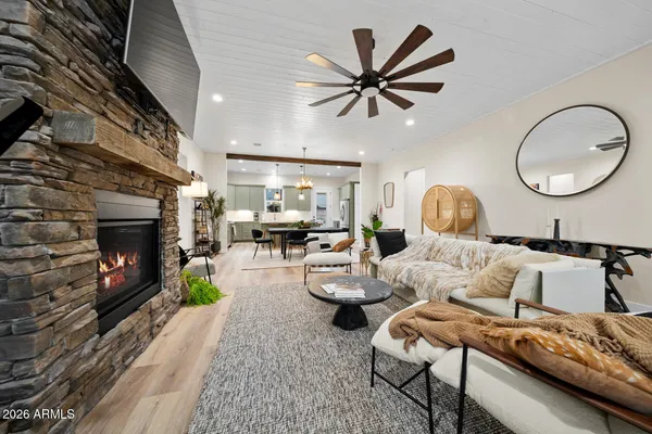 a view of a porch with furniture and a window