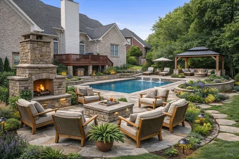 a view of a green field with lots of bushes