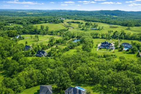 an aerial view of green landscape with trees houses and mountain view
