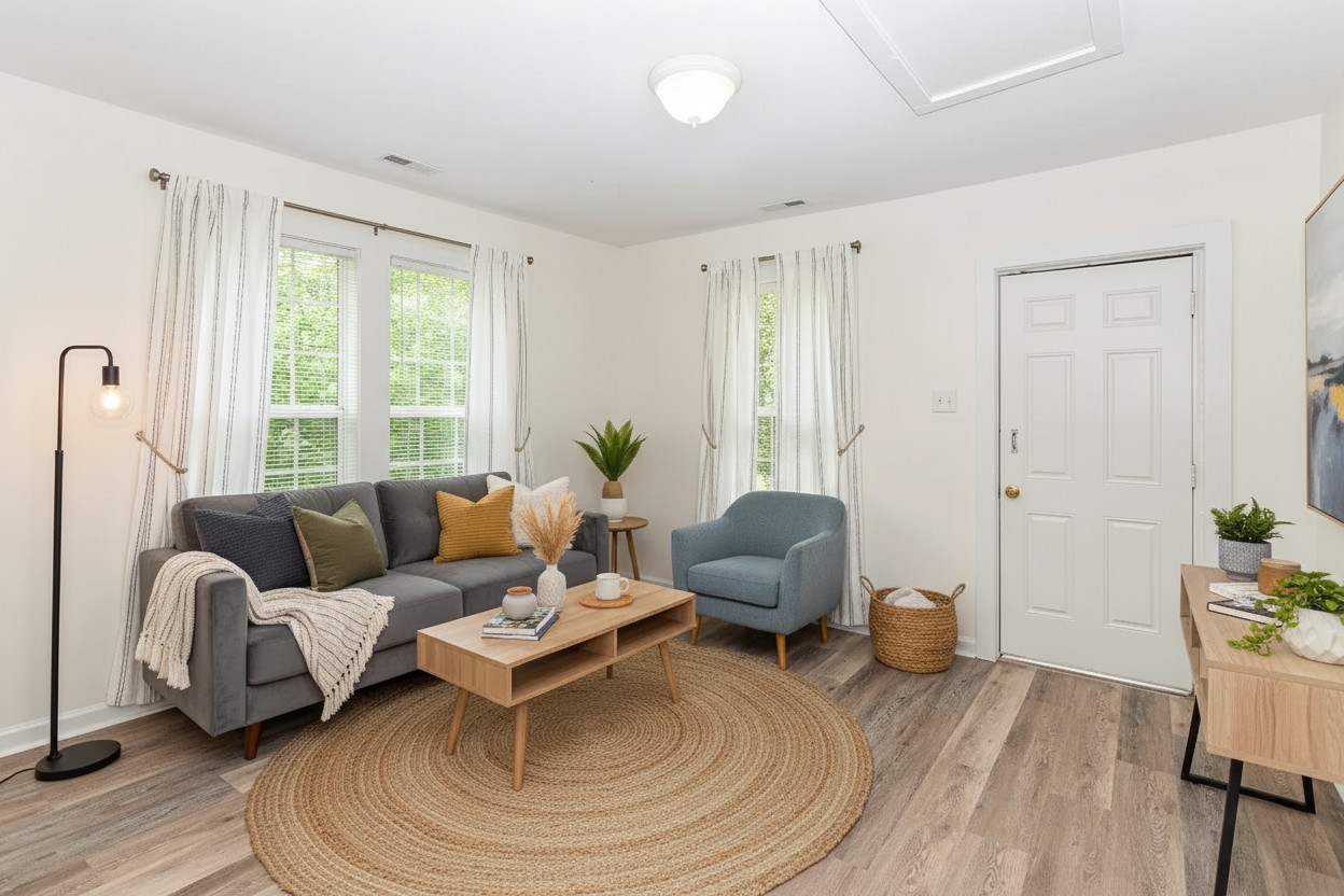 a living room with furniture and a large window