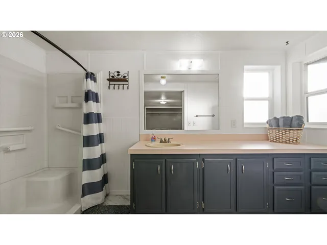 a bathroom with a sink a shower and a mirror
