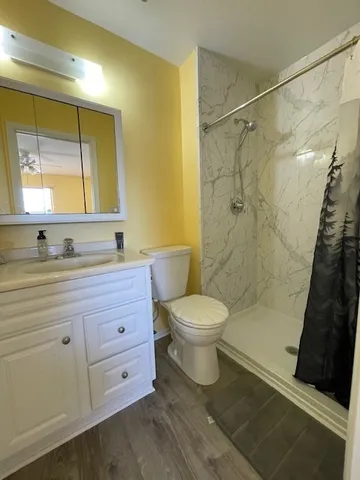 a bathroom with a sink a toilet and shower