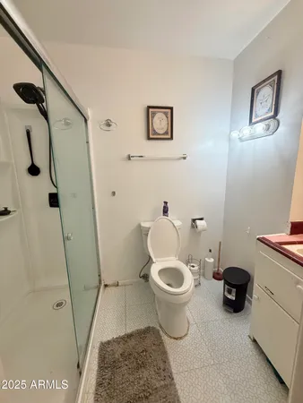 a bathroom with a toilet and a shower