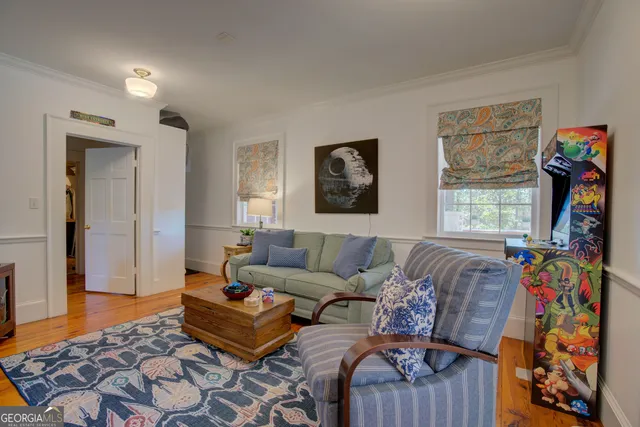 a view of a park with large trees