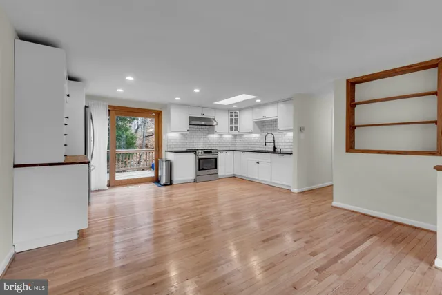 a view of kitchen with wooden floor and electronic appliances