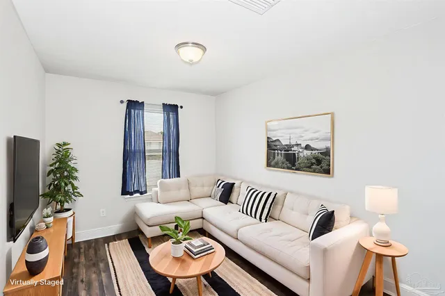 a living room with furniture and a potted plant