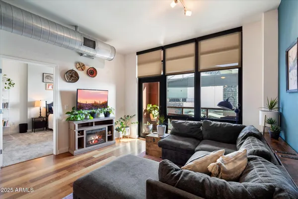 a living room with furniture and a potted plant