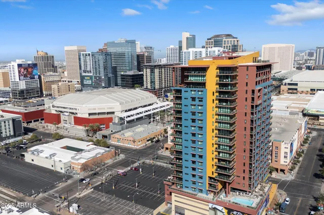 a city view with tall buildings