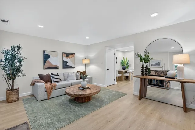 a living room with furniture and a potted plant