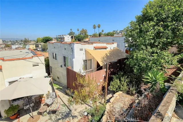 a view of a terrace with a garden