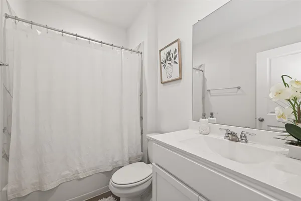 a bathroom with a sink a toilet and shower curtain