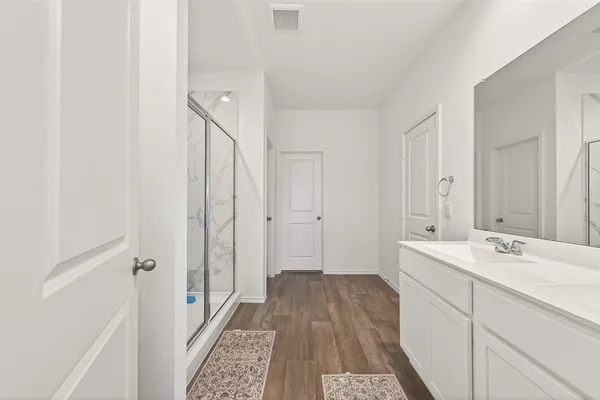 a bathroom with a sink a mirror and a shower